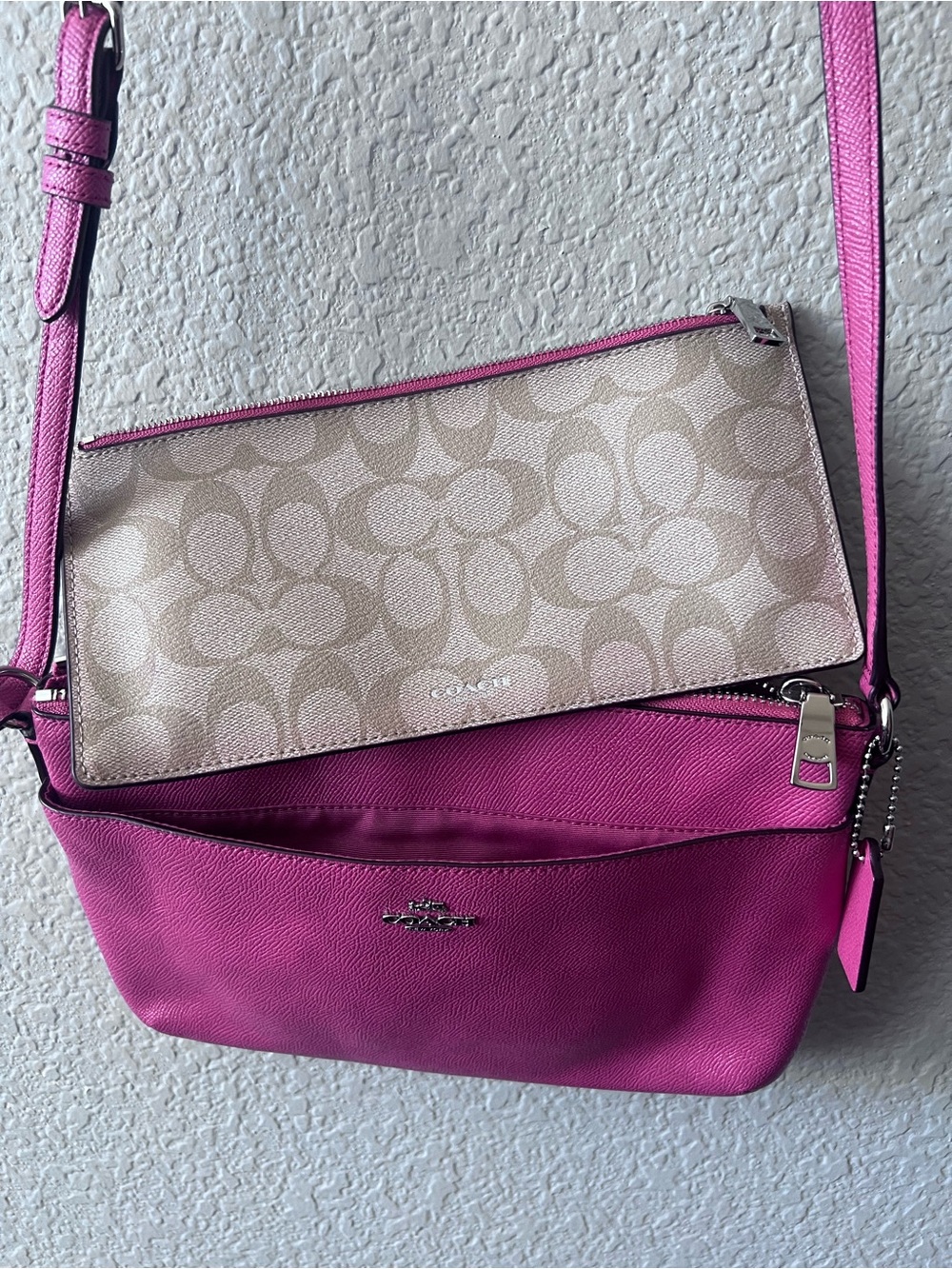 Coach F57788 Bright Fuschia/Saddle CRSGN LTH EW POP Crossbody w/matching wallet - Picture 16 of 16
